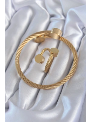 316L Çelik Gold Renk Sarmal Model Erkek Bileklik Yüzük Kombini