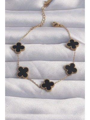 316L Çelik Gold Renk Siyah Mineli Yonca Bileklik