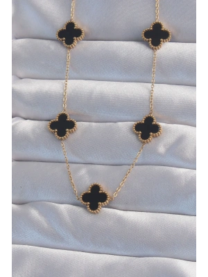 316L Çelik Gold Renk Siyah Mineli Yonca Kolye