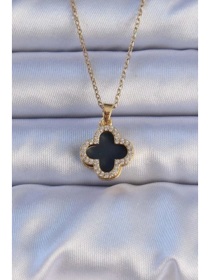 316L Çelik Gold Renk Siyah Mineli Zirkon Taşlı Yonca Figürlü Kolye