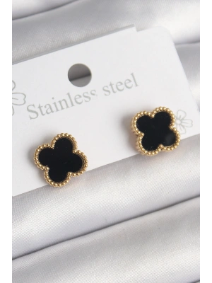 316L Çelik Gold Renk Siyah Yonca Model Kadın Küpe