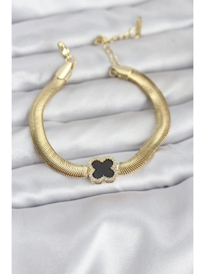 316L Çelik Gold Renk Siyah Yonca Model Zirkon Taşlı Yılan Zincirli Kadın Bileklik