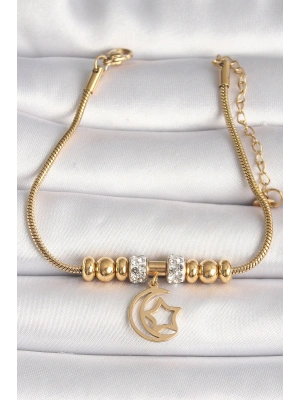 316L Çelik Gold Renk Tüp Zincir Zirkon Taş Detaylı Sallantı Ay Yıldız Figür Kadın Bileklik