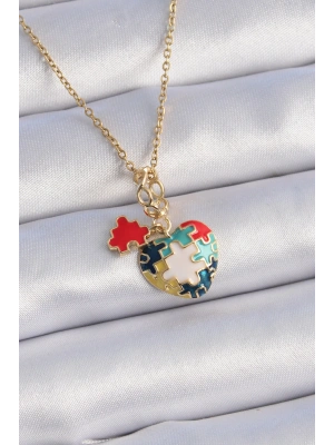 316L Çelik Gold Renk Yapboz Motif Kalp Figür Charm Model Kadın Kolye