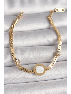 316L Çelik Gold Renk Yassı Zincir Model Zirkon Taş Detaylı Beyaz Mineli Madalyon Model Kadın Bileklik