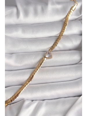 316L Çelik Gold Renk Yassı Zincir Model Zirkon Taşlı Kalp Figür Kadın Bileklik