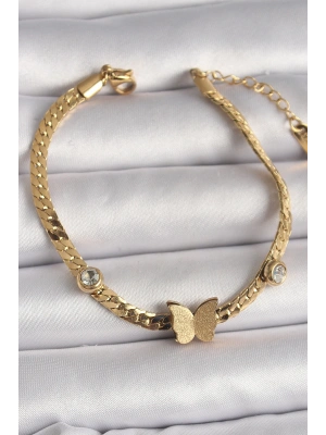 316L Çelik Gold Renk Yassı Zincir Zirkon Taşlı Simli Kelebek Figür Kadın Bileklik