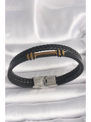 316L Çelik Gold Renk ZikZak İşlemeli Aksesuarlı Çift Sıra Burgu Desenli Deri Kordon Erkek Bileklik
