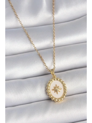 316L Çelik Gold Renk Zincir Beyaz Mineli Kutup Yıldız İşlemeli Madalyon Model Kadın Kolye