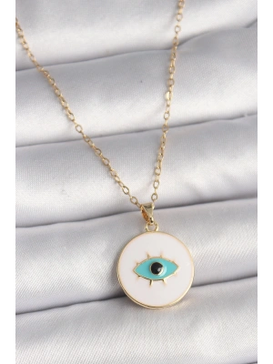 316L Çelik Gold Renk Zincir Beyaz Mineli Turkuaz Göz İşleme Model Kadın Kolye