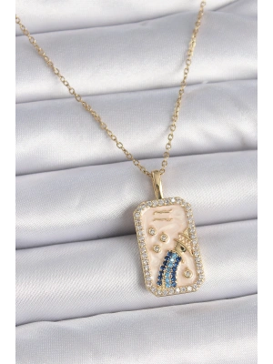 316L Çelik Gold Renk Zincir Kova Burcu Zirkon Taşlı Kadın Kolye