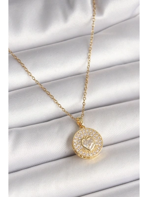 316L Çelik Gold Renk Zincir Madalyon Zirkon Taşlı Kalp Model Kadın Kolye
