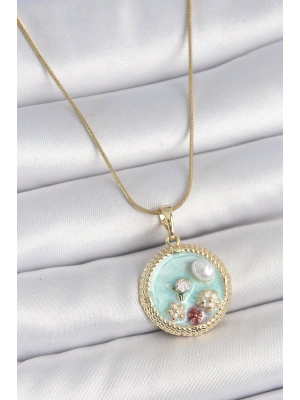 316L Çelik Gold Renk Zincir Mavi Mineli İnci Çiçek İşlemeli Zirkon Taş Detaylı Madalyon Model Kadın Kolye