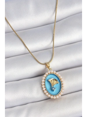 316L Çelik Gold Renk Zincir Mavi Mineli İncili Zirkon Taşlı Çiçek İşlemeli Portre Model Kadın Kolye