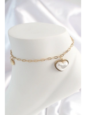 316L Çelik Gold Renk Zincir Model 3D İnci Kalp Model Kadın HalHal