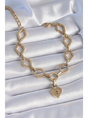 316L Çelik Gold Renk Zincir Model Kilit Kalp Figür Kadın Bileklik