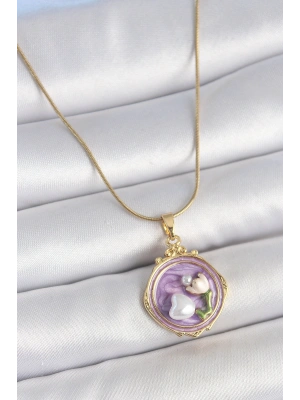 316L Çelik Gold Renk Zincir Mor Mineli İncili Çiçek İşlemeli Portre Model Kadın Kolye