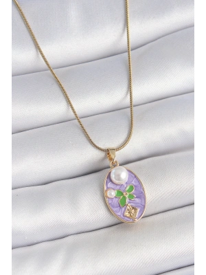 316L Çelik Gold Renk Zincir Mor Mineli Oval İncili Çiçek İşlemeli Portre Model Kadın Kolye