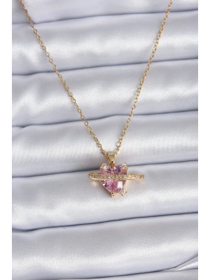 316L Çelik Gold Renk Zincir Pembe Kristal Kalp Model Zirkon Taş Detay Kadın Kolye