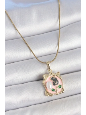 316L Çelik Gold Renk Zincir Pembe Mineli Çiçek İşlemli İnci Detay Portre Model Kadın Kolye