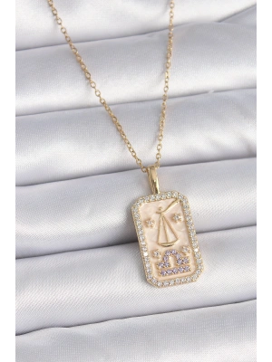 316L Çelik Gold Renk Zincir Terazi Burcu Zirkon Taşlı Kadın Kolye