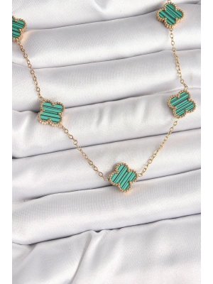 316L Çelik Gold Renk Zincir Yeşil Yonca Model Kadın Kolye