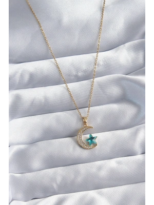 316L Çelik Gold Renk Zincir Zirkon Taş Detay Hilal Yıldızı Figür Kadın Kolye