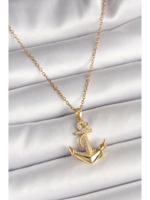 316L Çelik Gold Renk Zincir Zirkon Taş Detaylı Çapa Model Kadın Kolye