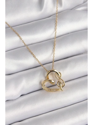 316L Çelik Gold Renk Zincir Zirkon Taş Detaylı Kalp Model Sonsuzluk Detay Kadın Kolye