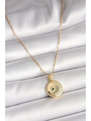 316L Çelik Gold Renk Zincir Zirkon Taş İşlemeli Hilal Yıldız İşlemeli Madalyon Model Kadın Kolye