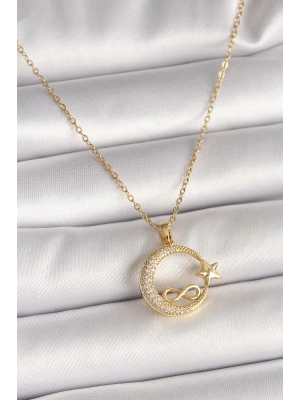 316L Çelik Gold Renk Zincir Zirkon Taşlı Ay Yıldız Model Sonsuzluk Detay Kadın Kolye