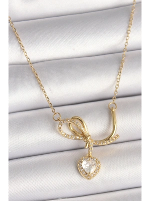 316L Çelik Gold Renk Zincir Zirkon Taşlı Düğüm Sallantı Kalp Model Kadın Kolye