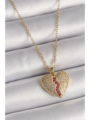 316L Çelik Gold Renk Zincir Zirkon Taşlı Kalp Model Kadın Kolye