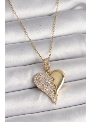 316L Çelik Gold Renk Zincir Zirkon Taşlı Kırık Kalp Model Kadın Kolye