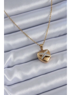 316L Çelik Gold Renk Zirkon Detay Kalp Model Kadın Kolye
