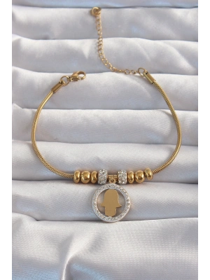 316L Çelik Gold Renk Zirkon Taş Aksesuarlı Fatma Ana Eli Bileklik