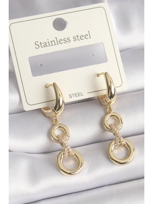 316L Çelik Gold Renk Zirkon Taş Detaylı Sallantı Model Kadın Küpe