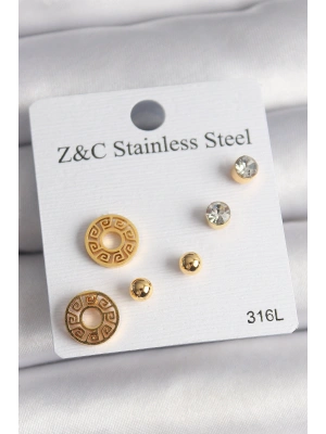 316L Çelik Gold Renk Zirkon Taşı Labirent Model Kadın Küpe Seti