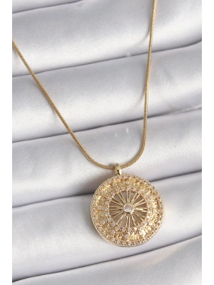 316L Çelik Gold Renk Zirkon Taşlı 12 Burç Madalyon Model Kadın Kolye