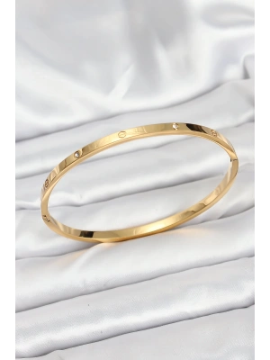 316L Çelik Gold Renk Zirkon Taşlı 65 mm İnce Kadın Kelepçe Bileklik