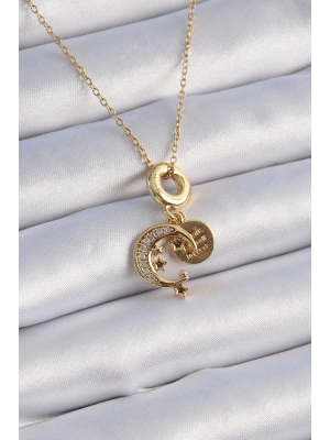 316L Çelik Gold Renk Zirkon Taşlı Ay Yıldız  Model Charm Model Kadın Kolye