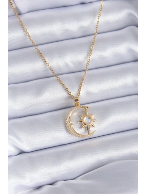 316L Çelik Gold Renk Zirkon Taşlı Ay Yıldız Model Kadın Kolye