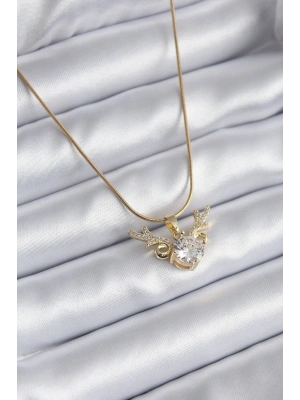 316L Çelik Gold Renk Zirkon Taşlı Boynuz Model Kadın Kolye