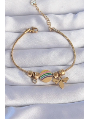 316L Çelik Gold Renk Zirkon Taşlı Gökkuşağı Tasarımlı Yusufçuk Bileklik