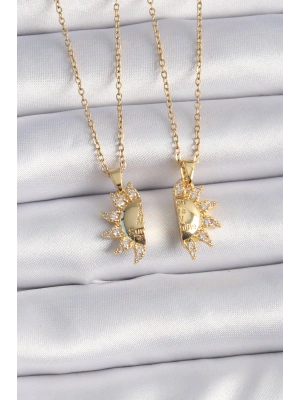 316L Çelik Gold Renk Zirkon Taşlı Güneş Model İşleme Yazı Detay Arkadaş Kolyesi