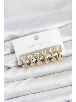 316L Çelik Gold Renk Zirkon Taşlı Halka Küpe Seti