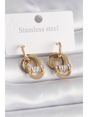 316L Çelik Gold Renk Zirkon Taşlı Halka Model Kadın Küpe