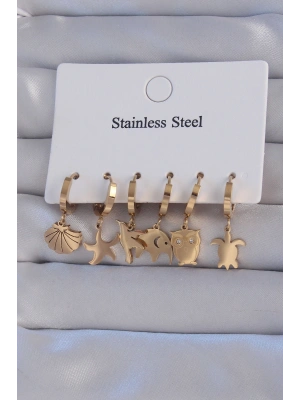 316L Çelik Gold Renk Zirkon Taşlı Hayvan Figürlü Deniz Yıldızı Model Halka Küpe Seti