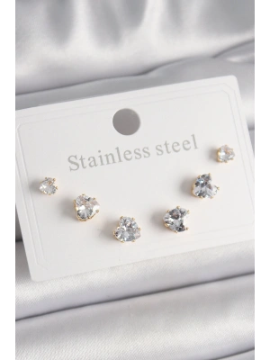 316L Çelik Gold Renk Zirkon Taşlı Kalp Model Kadın Küpe Seti