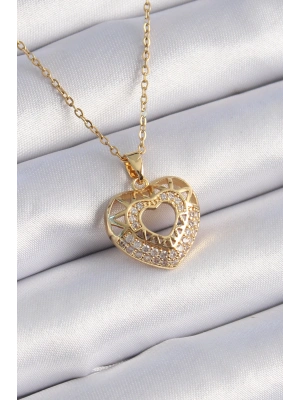 316L Çelik Gold Renk Zirkon Taşlı Kalp Model Vintage Kadın Kolye